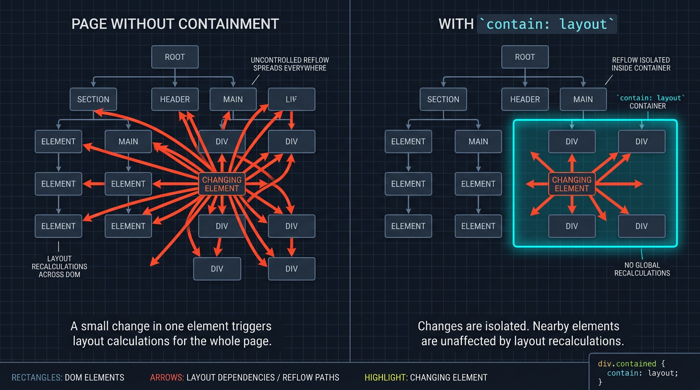 Containment: без contain — reflow по дереву; с contain — изоляция внутри контейнера
