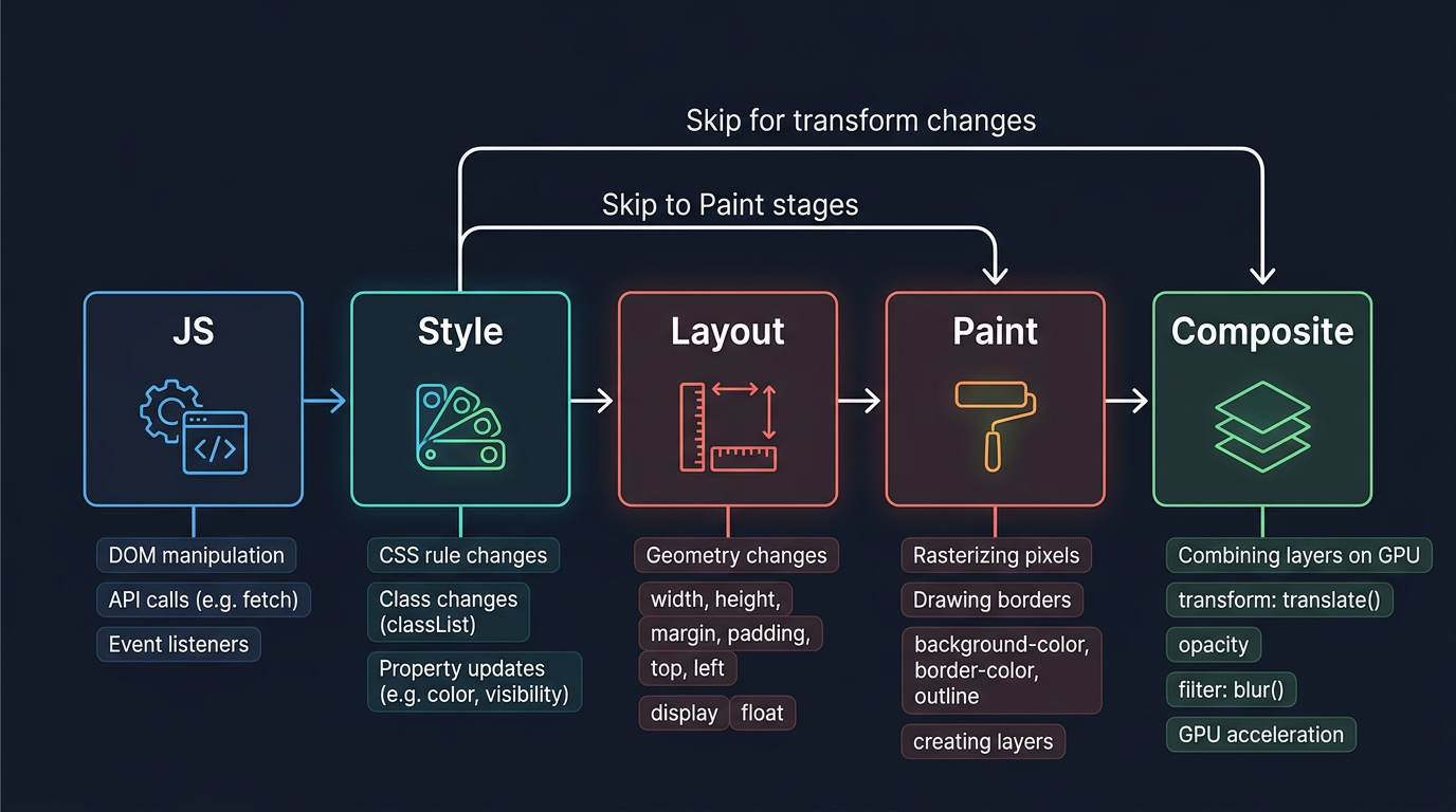 Визуализация пайплайна рендеринга браузера: JS → Style → Layout → Paint → Composite