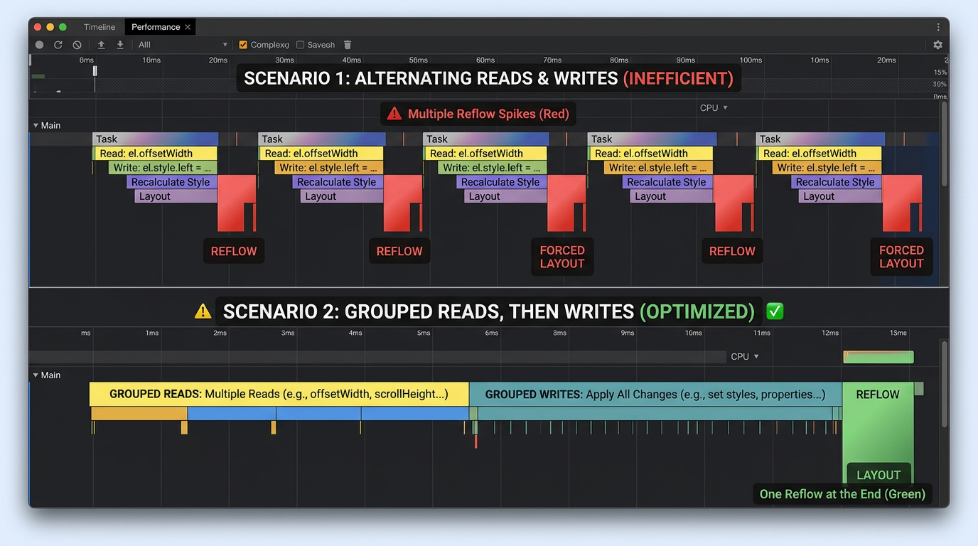 Timeline: чередование чтений/записей vs батчинг — один reflow