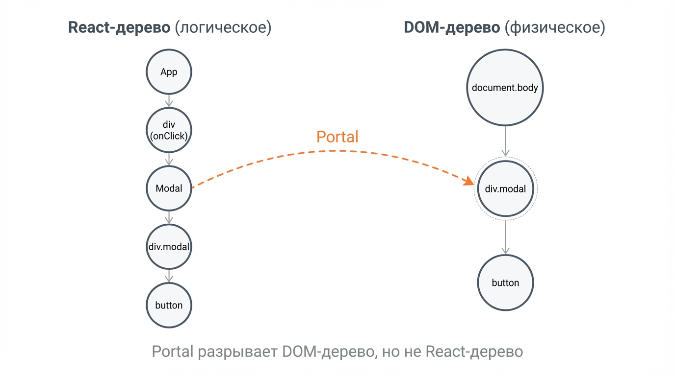 Сравнение: React-дерево и DOM-дерево с Portal