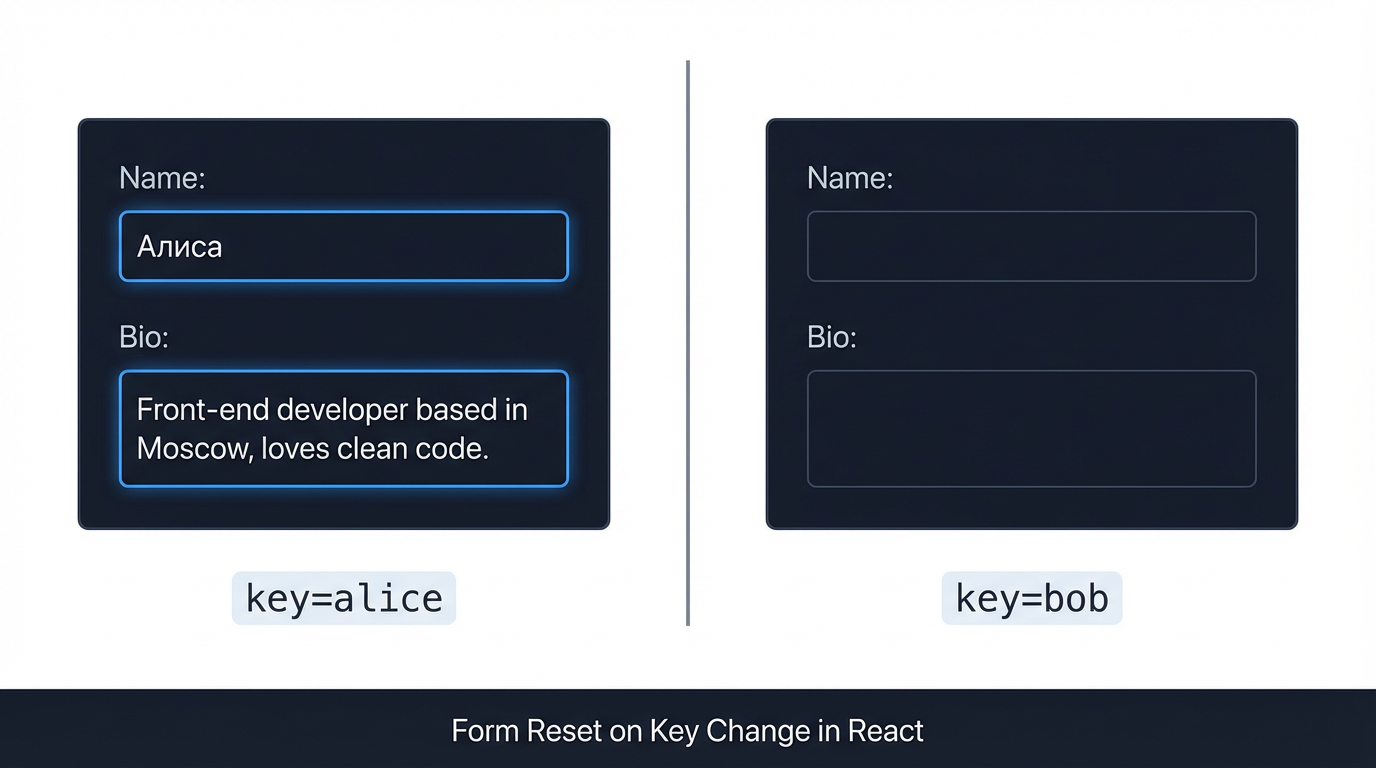 Слева — форма с данными Алисы (key=alice), справа — чистая форма после смены key (key=bob)