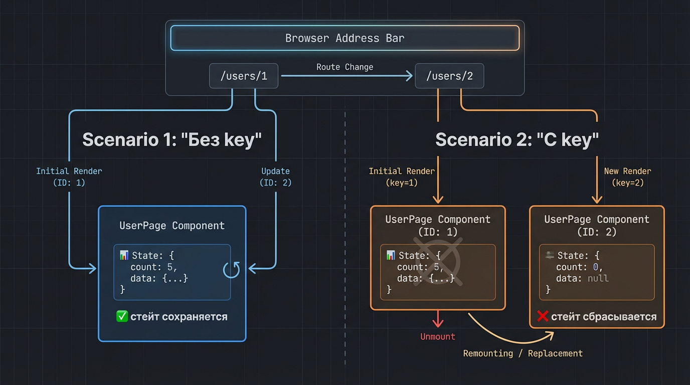 Диаграмма роутинга: без key стейт сохраняется, с key — сбрасывается при смене URL
