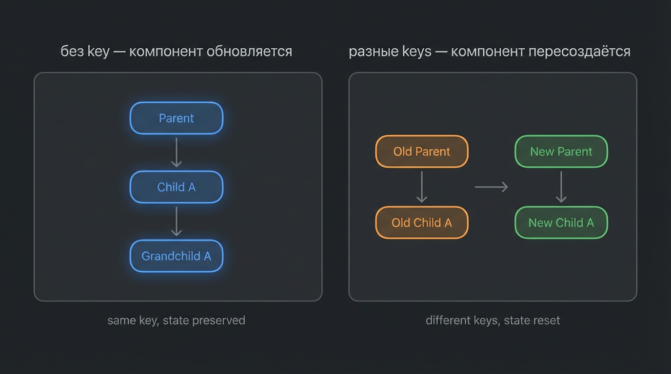 Схема: слева — дерево без key (компонент обновляется), справа — с разными keys (компонент пересоздаётся)